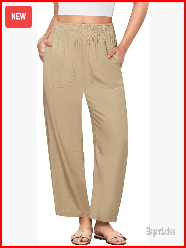 Linen Wide Leg Pants High Waisted Cropped Barrel Pull On Smocked Elastic Waist